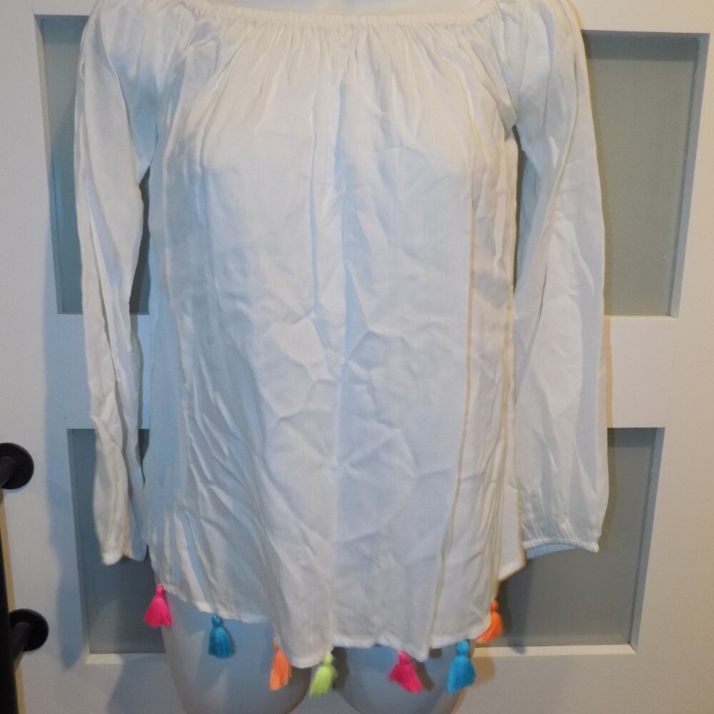 Lilly Pulitzer Enna Off-The-Shoulder Neon Tassels White Shirt Size XXS Women's